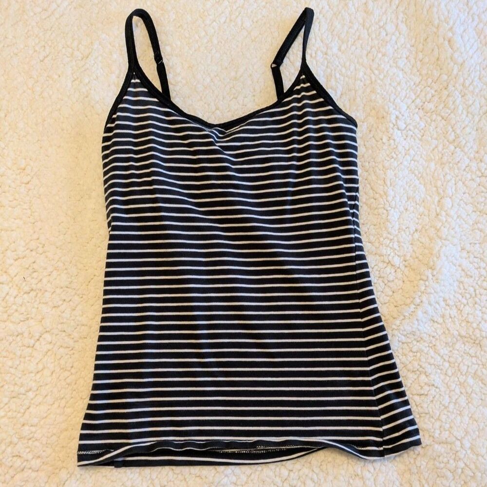 Black & White Striped Cami Tank Top with Built-in Shelf Bra - XS